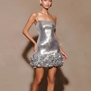 Silver Sequin Dress with Floral Hem